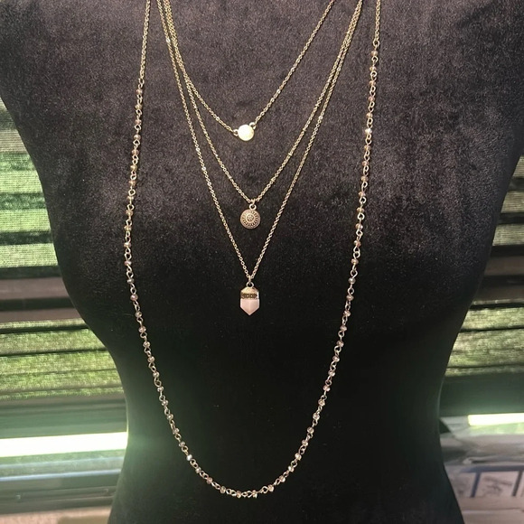 Jewelry - Layered‎ Four Chain Tiny Stone & Stamped Metal Pendent Necklace